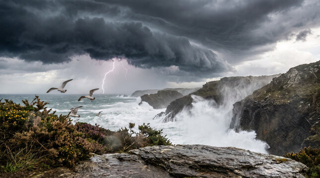 Galerna entrando por la costa con nubes amenazantes, olas gigantes y rayos, capturada desde un espectacular &aacute;ngulo contrapicado con un realismo cinematogr&aacute;fico impresionante.