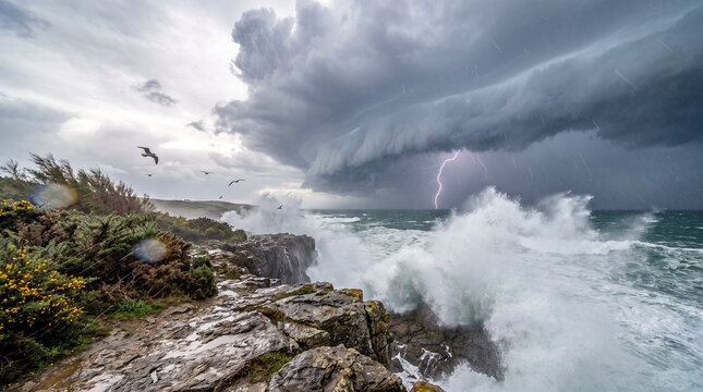 Galerna entrando por la costa con nubes amenazantes, olas gigantes y rayos, capturada desde un espectacular &aacute;ngulo contrapicado con un realismo cinematogr&aacute;fico impresionante.