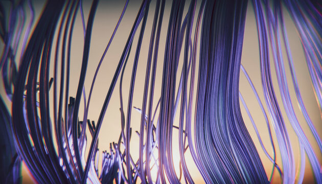 Abstract 3D render of tangled purple metallic thread in motion