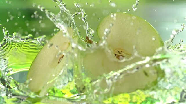 Super Slow Motion Shot of Fresh Apple Falling into Water and Making Splash at 1000fps.