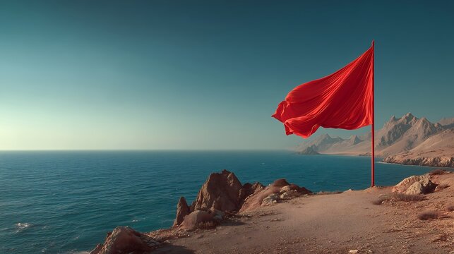 Plain red flag flying beside a calm sea under bright sunlight, featuring peaceful coastal scenery ideal for travel, symbolism, backgrounds, mockups, and outdoor design.