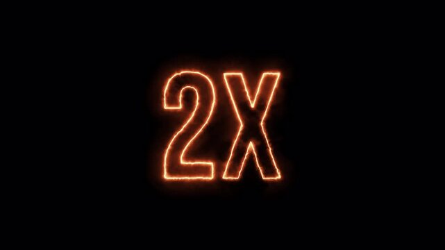 2X Neon Fire Text Animation on Black Background. 2X Fire Number Animation for Multiplier, Boost Concept. Neon Red 2X Sign Burning Animation in 4K,