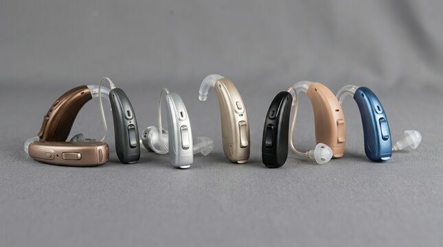 Modern hearing aids collection for hearing care, Collection of modern behind the ear hearing aids in multiple colors arranged on a neutral gray background, close up product photography, soft studio 