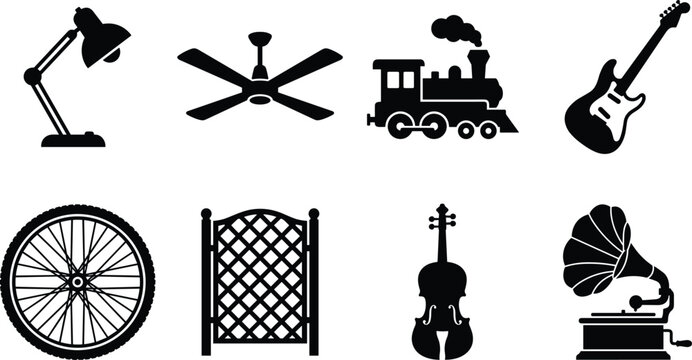 Assorted household objects and vintage lifestyle solid icon set featuring musical instruments, desk lamp, ceiling fan, and retro locomotive