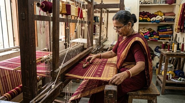 Indian woman weaving traditional sari on loom, Senior Indian woman weaving a traditional silk sari on a wooden handloom inside a textile workshop, colorful threads