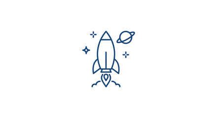 A rocket ship blasts off into space with a planet and stars. © Kill