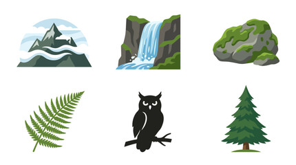 Nature Icons Set: Mountains, Waterfall, Mossy Rock, Fern, Owl, Pine Tree © ibnu
