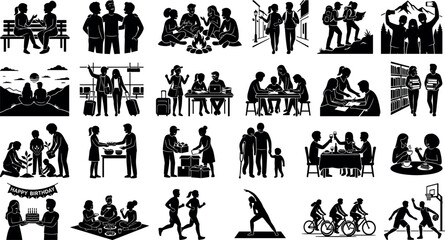 Obraz premium Set of people icons, group of friends and family spending time together, social activities and lifestyle