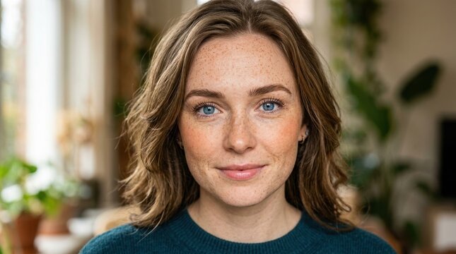 Freckled woman portrait with natural light, Close up portrait of a young caucasian woman with freckles and blue eyes looking at the camera indoors, soft natural window light