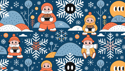 Whimsical winter landscape pattern with children wearing warm parkas and holding hot drinks © Ahmad nur