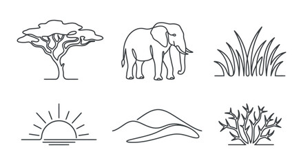 African Safari Elements: Single Line Art Icons - Elephant, Tree, Sun, Hills, Grass, Bush © ibnu