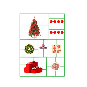 A green plastic model kit contains various red Christmas decorations