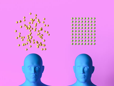 3D rendering of blue mannequin head compares chaos and order