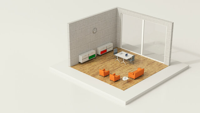 A 3d rendering shows an empty modern office room with a meeting area
