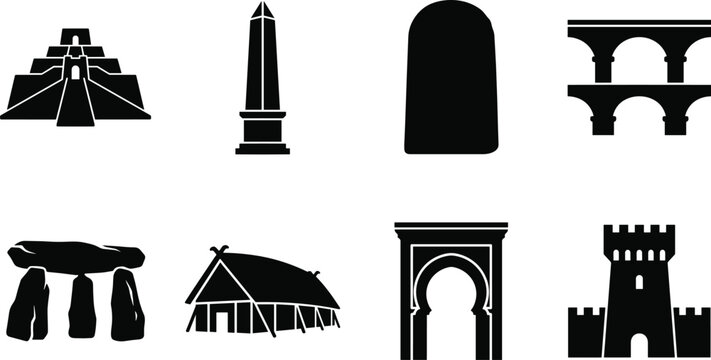 Ancient historical architecture and monuments vector icons set featuring ziggurat pyramid obelisk monolith roman aqueduct dolmen longhouse arch and castle tower
