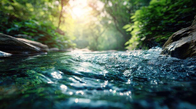 Serene Stream Flowing Through Lush Green Forest During Sunny Day