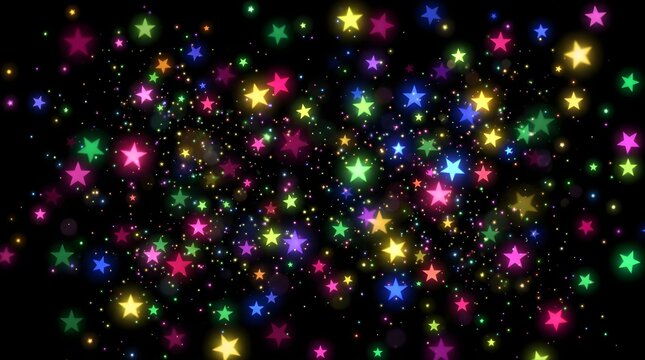 Colorful glowing stars background on black, vibrant rainbow star confetti pattern, festive sparkling celestial elements for party celebration decor