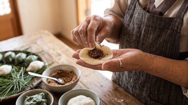 Elderly hands carefully filling a traditional Korean songpyeon rice cake with sesame seeds and nuts