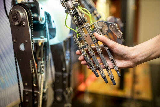 Engineer doing handshake with robotic arm at workshop