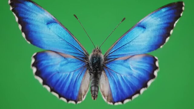 Blue morpho butterfly close-up in flight, vibrant nature wildlife macro wings