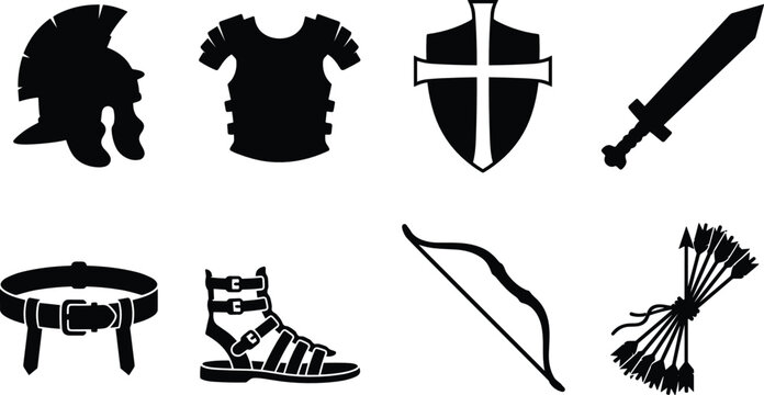 Armor of God biblical vector icons set featuring gladiator helmet breastplate shield of faith sword belt sandal bow and arrows