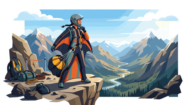 A wingsuit flyer stands on a rocky cliff edge preparing for flight.