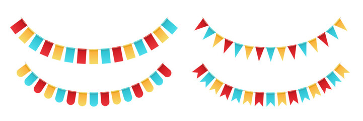 Birthday garlands. Holiday pennants Festive decorations with vibrant flags for birthday, holiday, anniversary, celebration, party, event. Vector illustrations set for greeting cards, invitations. © Mariquita vector