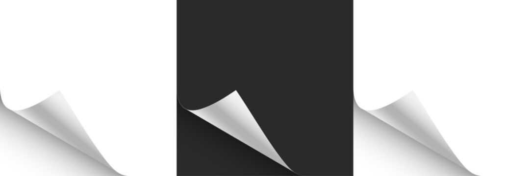 Paper curl corner background. Curled paper corner with realistic page fold effect. White sheet edge peeling back, revealing shadow and depth. Minimal vector illustration.