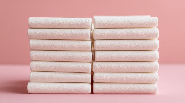 Stacked Rolls of Soft White Towels Against a Pink Background