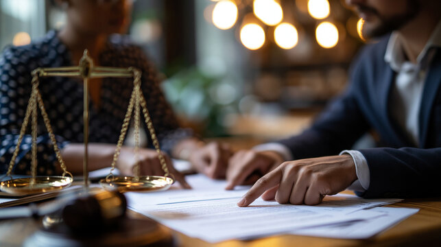 Two faceless attorneys discussing contract papers and pointing to key clauses on a desk, corporate consultation setting with balanced framing, credible legal props and soft defocused