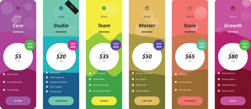 Diverse pricing table template for online services core studio team master scale and growth plans presented in vibrant colors with pricing tiers and feature highlights for user selection.