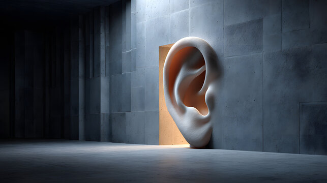 A surreal conceptual image of a giant human ear emerging from a doorway in a concrete wall, symbolizing listening, surveillance, and espionage in a minimalist brutalist space.