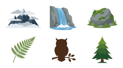 Nature Elements Icons: Mountains, Waterfall, Rock, Fern, Owl, Tree © shit