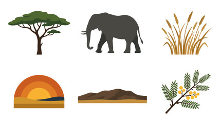 African Safari Elements: Elephant, Acacia Tree, Sunset, Grassland Landscape Icons © shit