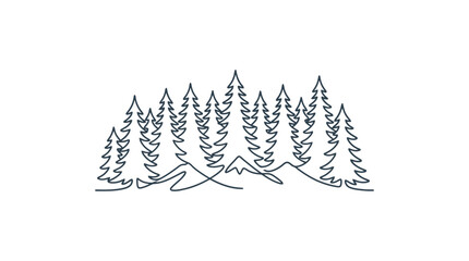 Obraz premium Minimalist Pine Forest Line Art - Evergreen Trees and Mountains Illustration