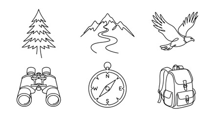 Fototapeta premium Outdoor Adventure Icons: Tree, Mountains, Eagle, Binoculars, Compass, Backpack
