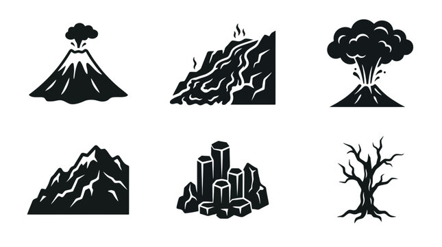 Volcano Eruption, Lava Flow, Mountains, Columns, Dead Tree Icons Set