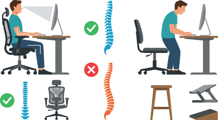 Fototapeta premium Ergonomic Correct and Incorrect Sitting Posture Vector Set Showing Right and Wrong Office Desk Positions, Spine Health, and Comfortable Chair Equipment Infographic