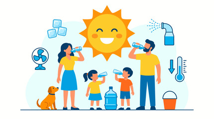 Happy family illustration with parents and children drinking water under a smiling sun, concept for staying hydrated in hot weather, heatstroke prevention, and summer safety campaigns.