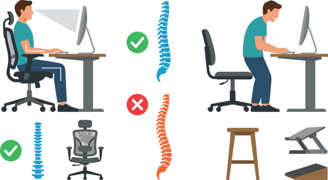 Ergonomic Correct and Incorrect Sitting Posture Vector Set Showing Right and Wrong Office Desk Positions, Spine Health, and Comfortable Chair Equipment Infographic