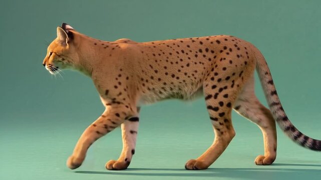 Serval cat walking. Wild African feline predator moving on green background.