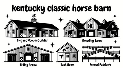 kentucky horse barns featuring elegant wooden stables breeding barns riding arenas tack rooms fenced paddocks and equestrian farm buildings arranged as a commercial vector illustration set © samira