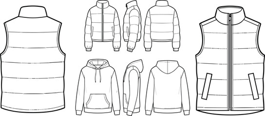 Winter outerwear technical flat sketch set featuring puffer vest jacket and hoodie vector templates © Md Atiar Rahman