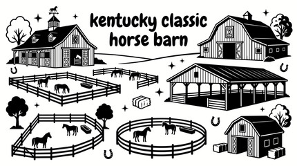 kentucky horse barns featuring elegant wooden stables breeding barns riding arenas tack rooms fenced paddocks and equestrian farm buildings arranged as a commercial vector illustration set © samira