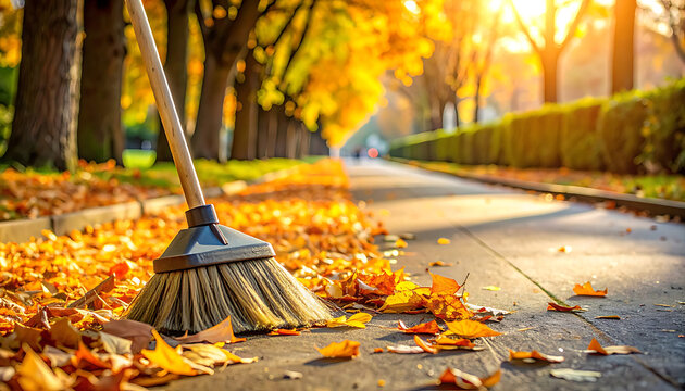 Broom cleaning autumn leaves on sidewalk.