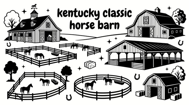 kentucky horse barns featuring elegant wooden stables breeding barns riding arenas tack rooms fenced paddocks and equestrian farm buildings arranged as a commercial vector illustration set