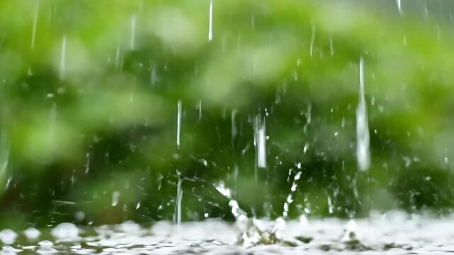 Close-up of Raindrops Falling on Water Surface in Nature.