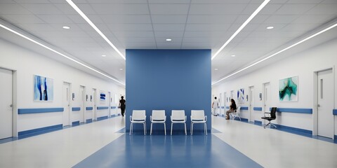 Obraz premium Wide hospital corridor with blue central wall and rows of white chairs