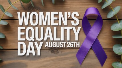 Women's Equality Day, August 26th, with Purple Ribbon and Eucalyptus on Wooden Background