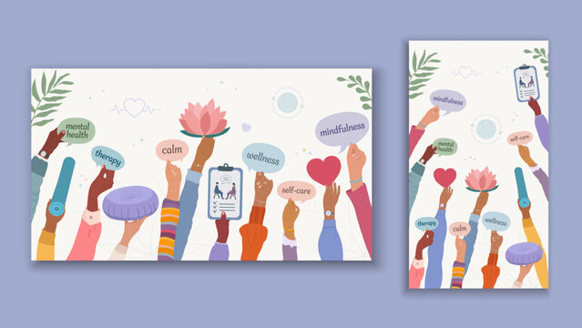 Diverse hands raised holding mental health and self care speech bubbles